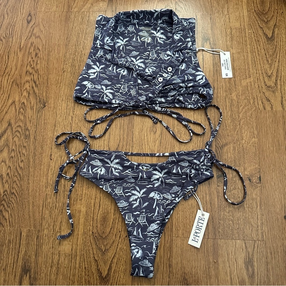 La Porte Navy Tropical Print Bikini Set size XS NWT high cut sexy summer beach